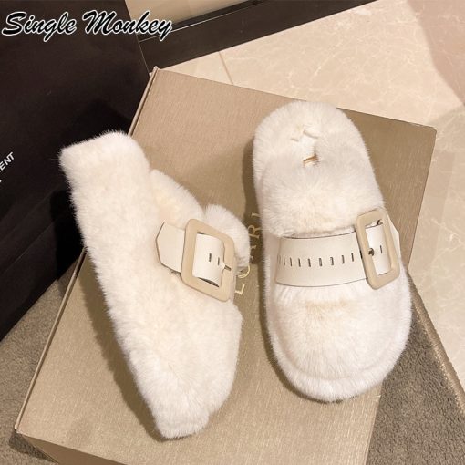 main image1Designer Fur Flats Platform Shoes Women Slippers 2022 New Winter Fad Home Slides Warm Boots Mujer