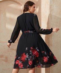 main image1KEBY ZJ Plus Size Floral Print V Neck Midi Belted Dress Women Casual Spring Fall Long