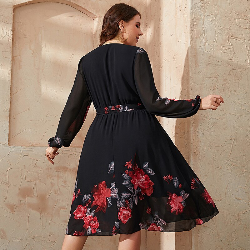 main image1KEBY ZJ Plus Size Floral Print V Neck Midi Belted Dress Women Casual Spring Fall Long