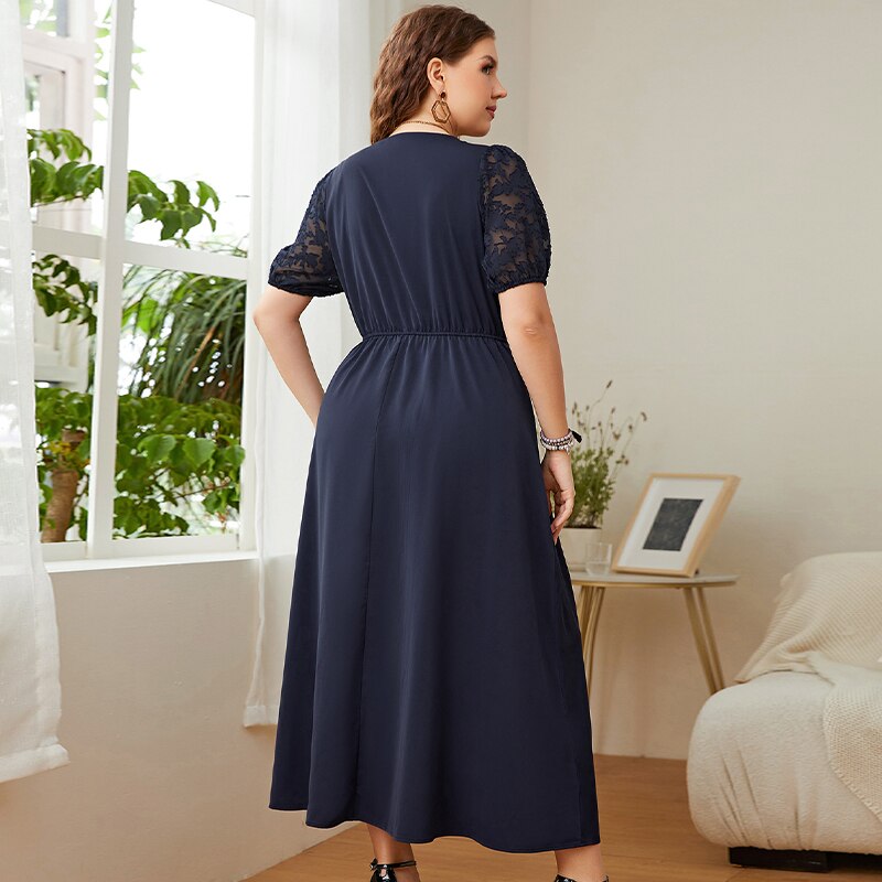 main image1KEBY ZJ Plus Size Solid Button Front Lace Puff Sleeve Dress Women Elegant Knot High Waist