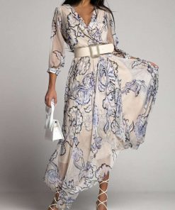 main image1Lady Elegant Summer Boho Print Irregular Long Dress Fashion Half Sleeve V Neck Chiffon A Line