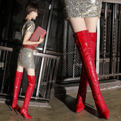 main image1Patent Leather Over Knee Boots Women s Fashion New Performance Boots Pointed Thin Heels High Heels