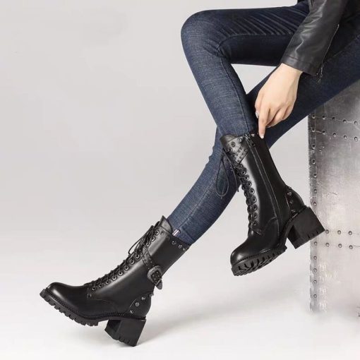 main image1Punk Rivet Studded Leather Shoes Women s High Boots 2022 Winter Heeled Shoes Ladies Belted Riding