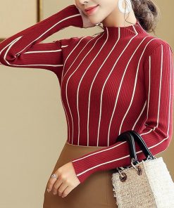 main image1SEXMKL Striped Turtleneck Pullover Women 2022 Winter Thick Sweater Red Korean Ladies Office Knitted Sweater Black