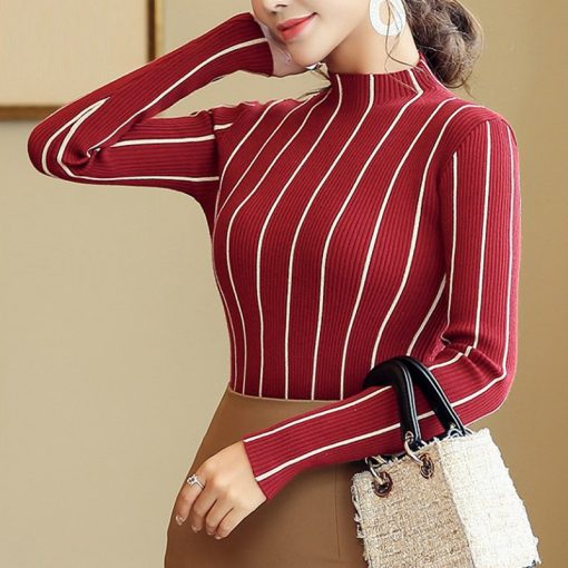 main image1SEXMKL Striped Turtleneck Pullover Women 2022 Winter Thick Sweater Red Korean Ladies Office Knitted Sweater Black