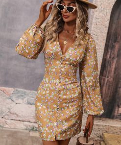 main image1Sexy Floral Print Short Dress Woman Casual V Neck Slim Button Dresses For Women 2022 Spring