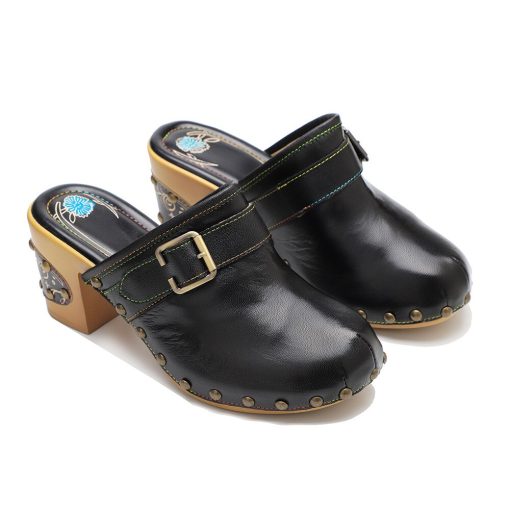main image1Shoes For Women Sandals 2022 Fashion Basic Ethnic Retro Genuine Leather Square heel 7 5CM Round
