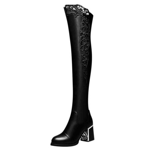 main image1Women Embroidered Lace Knee Bare Boots Square High Heel Casual Long Tube Booties Lady Sexy Over