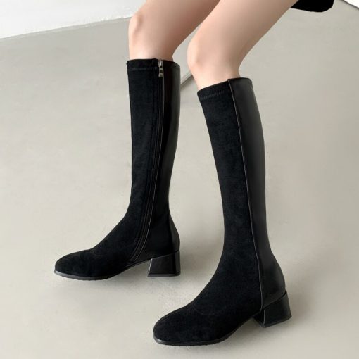main image1Women s Winter High Boots Quality Suede Knee High Boots Flock Casual Low Heel Autumn Winter