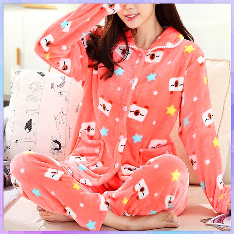 main image1dot print Warm Pajamas Women Winter Flannel Pajama Sets For Female set Thick Korean Style Lovely