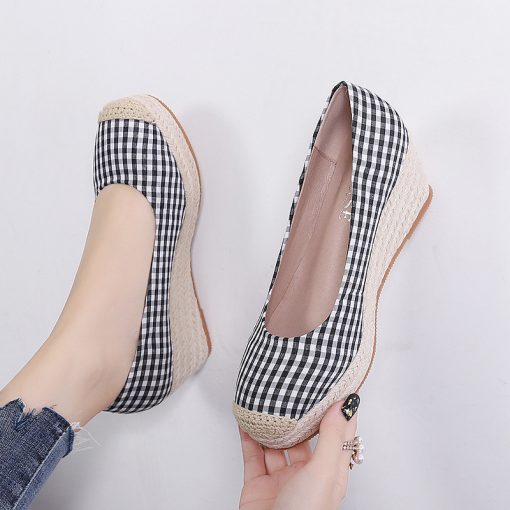 main image22022 Fashion Wedges Heels Shoes Women Canvas Footwear Spring Summer Casual Women Shoes Plaid Ladies Wedge