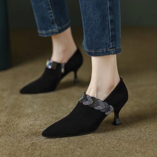 main image22022 Women s Mid Heel Shoes Fashion Rhinestone Decorative Suede Side Zipper Pumps Autumn Pointed Toe 1