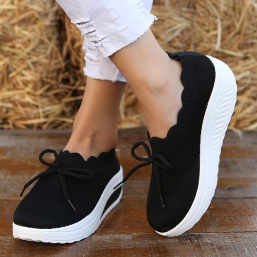main image22023 New Thick Sole Sneakers Fashion White Breathable Lace Up Printed Mesh Shoes Casual Wedge High