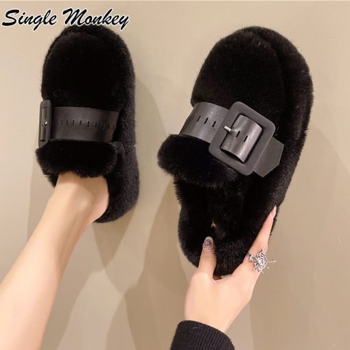 main image2Designer Fur Flats Platform Shoes Women Slippers 2022 New Winter Fad Home Slides Warm Boots Mujer
