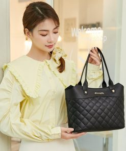 main image2Fashion PU Leather Tote Bag Rhombic Jacquard Letter Label Simple Style Elegant Wild Street Female Women