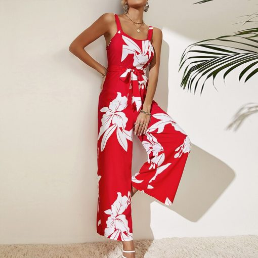 main image2Fashion Summer Women One Piece Jumpsuits Wholesale Sleeveless Backless Red Vacation Beach Style Casual Floral Print