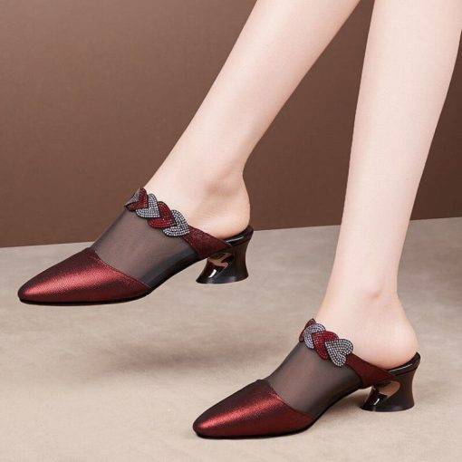 main image2Genuine Leather Mesh Closed Toe Slippers Women 2022 New Summer Hollowed Women Shoes Rhinestone Heel Mid