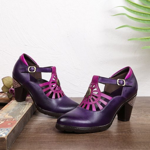 main image2Heels Women Luxury Retro MATURE Genuine Leather Buckle Strap 7CM Pointed Toe Square Heel Mixed Colors