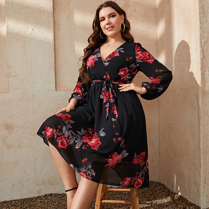 main image2KEBY ZJ Plus Size Floral Print V Neck Midi Belted Dress Women Casual Spring Fall Long