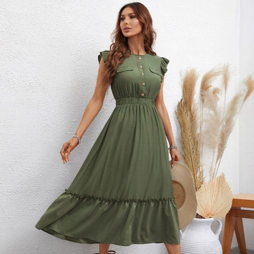 main image2KEBY ZJ Women s Summer Long Dress Female Clothing Sleeveless Buttons Design Elastic Waist Maxi Dress