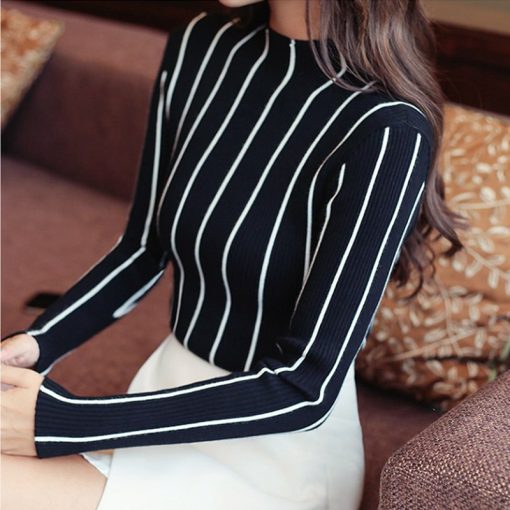main image2SEXMKL Striped Turtleneck Pullover Women 2022 Winter Thick Sweater Red Korean Ladies Office Knitted Sweater Black