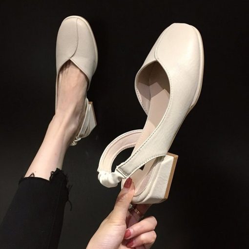 main image2White high heels women s thick heel 2022 new sandals shallow mouth retro grandma shoes soft