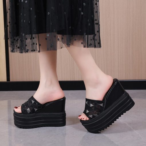 main image2Women Slippers Summer Sequins Platform Wedge Slides Woman Bling Leather Beach Sandals Open Toe Casual Shoes