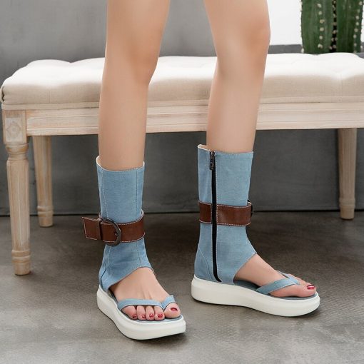main image2Women Summer Denim Sandals with Platform Girls Fashion Gladiator Style Shoes Thick Sole Height Increasing Big