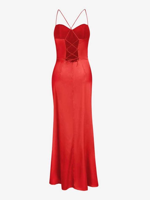 main image2ZAFUL Satin Corset Dress Sexy Lace Up Slit Wedding Dresses for Women Red Cocktail Party Outfits