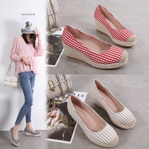 main image32022 Fashion Wedges Heels Shoes Women Canvas Footwear Spring Summer Casual Women Shoes Plaid Ladies Wedge
