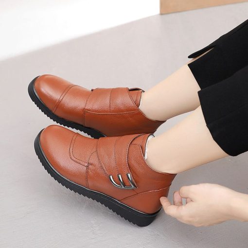 main image32022 Women s Ankle Boots Big Size 43 Hook Loop Leather Shoes Ladies Autumn Winter Fur