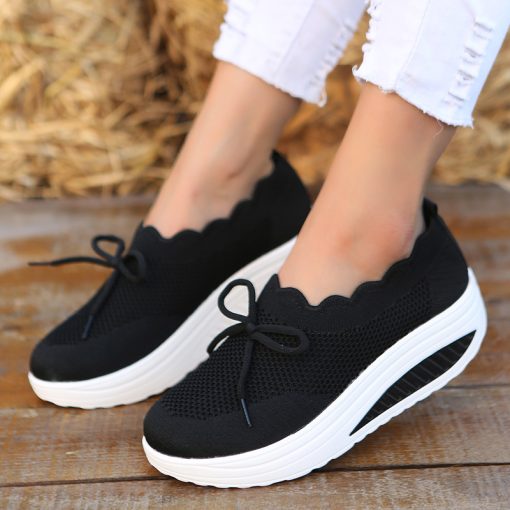 main image32023 New Thick Sole Sneakers Fashion White Breathable Lace Up Printed Mesh Shoes Casual Wedge High