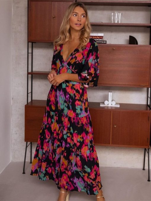 main image3Bohemia Print Butterfly Sleeve Vintage Maxi Dress For Women Casual V neck Backless Summer Dress Female