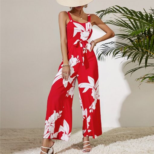 main image3Fashion Summer Women One Piece Jumpsuits Wholesale Sleeveless Backless Red Vacation Beach Style Casual Floral Print