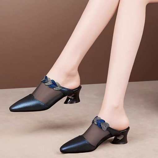 main image3Genuine Leather Mesh Closed Toe Slippers Women 2022 New Summer Hollowed Women Shoes Rhinestone Heel Mid