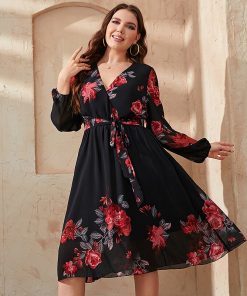 main image3KEBY ZJ Plus Size Floral Print V Neck Midi Belted Dress Women Casual Spring Fall Long
