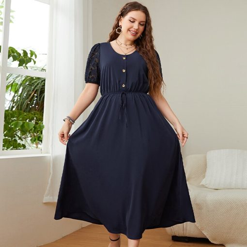 main image3KEBY ZJ Plus Size Solid Button Front Lace Puff Sleeve Dress Women Elegant Knot High Waist