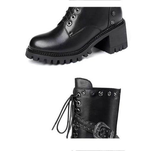 main image3Punk Rivet Studded Leather Shoes Women s High Boots 2022 Winter Heeled Shoes Ladies Belted Riding