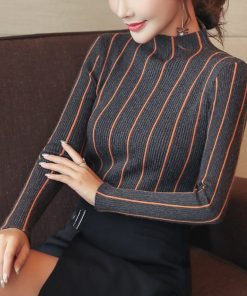 main image3SEXMKL Striped Turtleneck Pullover Women 2022 Winter Thick Sweater Red Korean Ladies Office Knitted Sweater Black