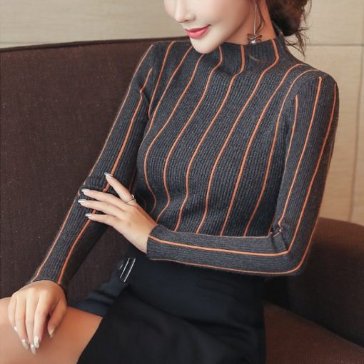 main image3SEXMKL Striped Turtleneck Pullover Women 2022 Winter Thick Sweater Red Korean Ladies Office Knitted Sweater Black
