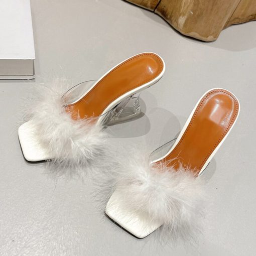 main image3Size 35 41 Sexy Strange Transparent Heels Slippers Fashion Fur Feather Summer Sandals Peep Toe Slip