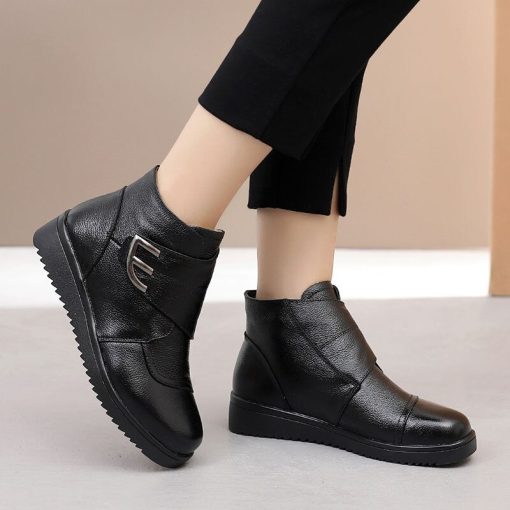 main image42022 Women s Ankle Boots Big Size 43 Hook Loop Leather Shoes Ladies Autumn Winter Fur