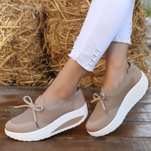 main image42023 New Thick Sole Sneakers Fashion White Breathable Lace Up Printed Mesh Shoes Casual Wedge High