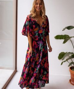 main image4Bohemia Print Butterfly Sleeve Vintage Maxi Dress For Women Casual V neck Backless Summer Dress Female