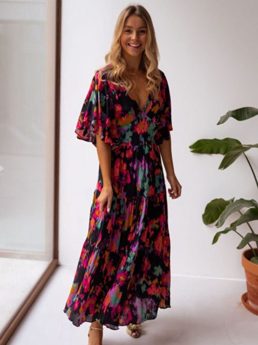 main image4Bohemia Print Butterfly Sleeve Vintage Maxi Dress For Women Casual V neck Backless Summer Dress Female
