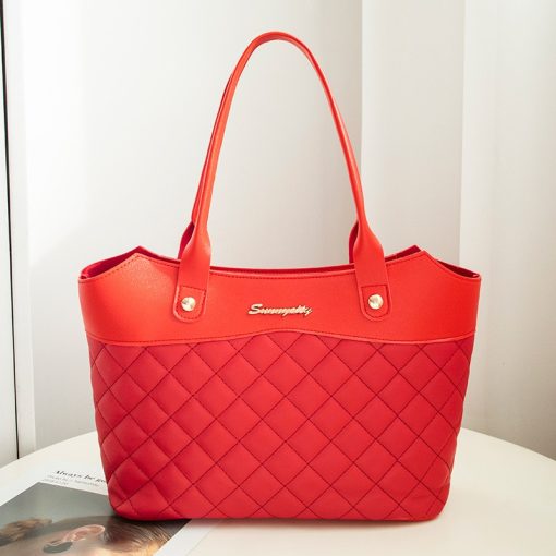 main image4Fashion PU Leather Tote Bag Rhombic Jacquard Letter Label Simple Style Elegant Wild Street Female Women