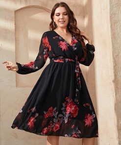 main image4KEBY ZJ Plus Size Floral Print V Neck Midi Belted Dress Women Casual Spring Fall Long