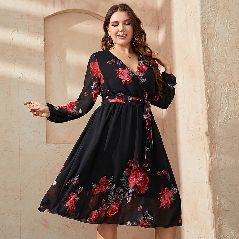 main image4KEBY ZJ Plus Size Floral Print V Neck Midi Belted Dress Women Casual Spring Fall Long