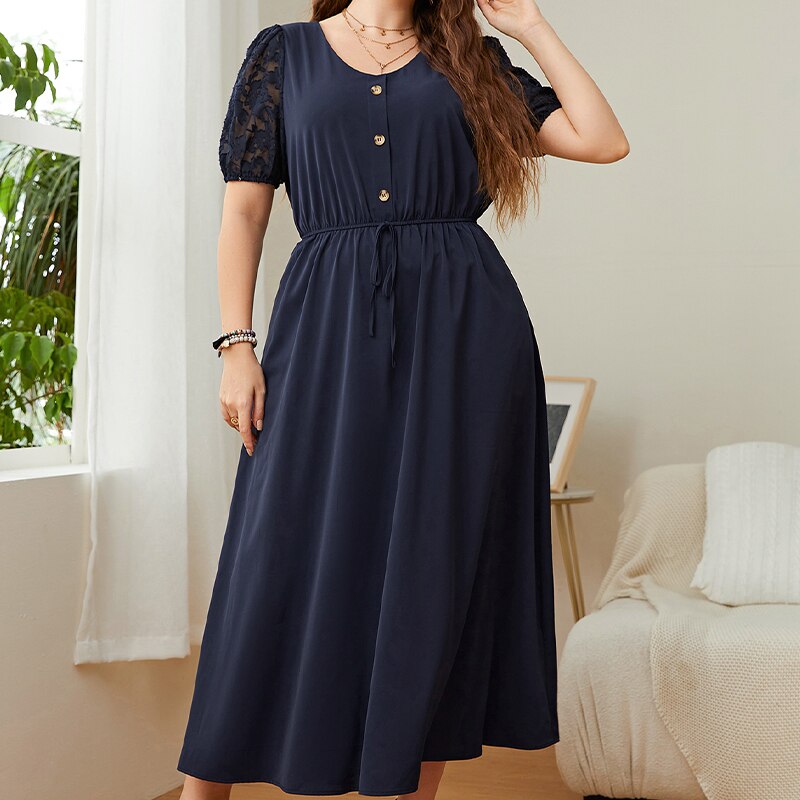 main image4KEBY ZJ Plus Size Solid Button Front Lace Puff Sleeve Dress Women Elegant Knot High Waist