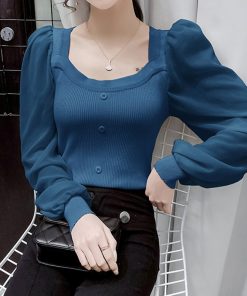 main image4LJSXLS Pull Femme 2022 Spring Fashion Square Neck Solid Tops Patchwork Long Sleeve Sweater Women Knitted
